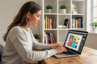Jeune femme créant une affiche sur ordinateur portable avec un logiciel de design graphique gratuit