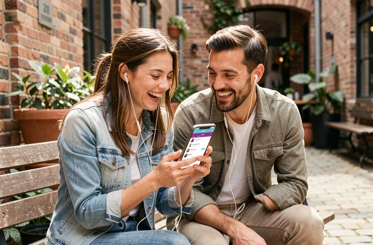 Deux amis créant une playlist musicale gratuite ensemble sur smartphone en terrasse urbaine