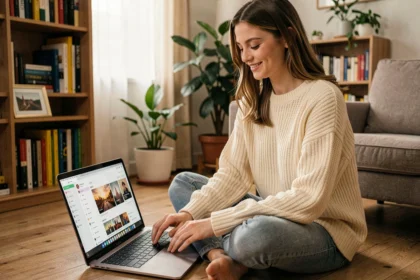Jeune femme créant une playlist musicale gratuite sur son ordinateur portable dans un appartement chaleureux