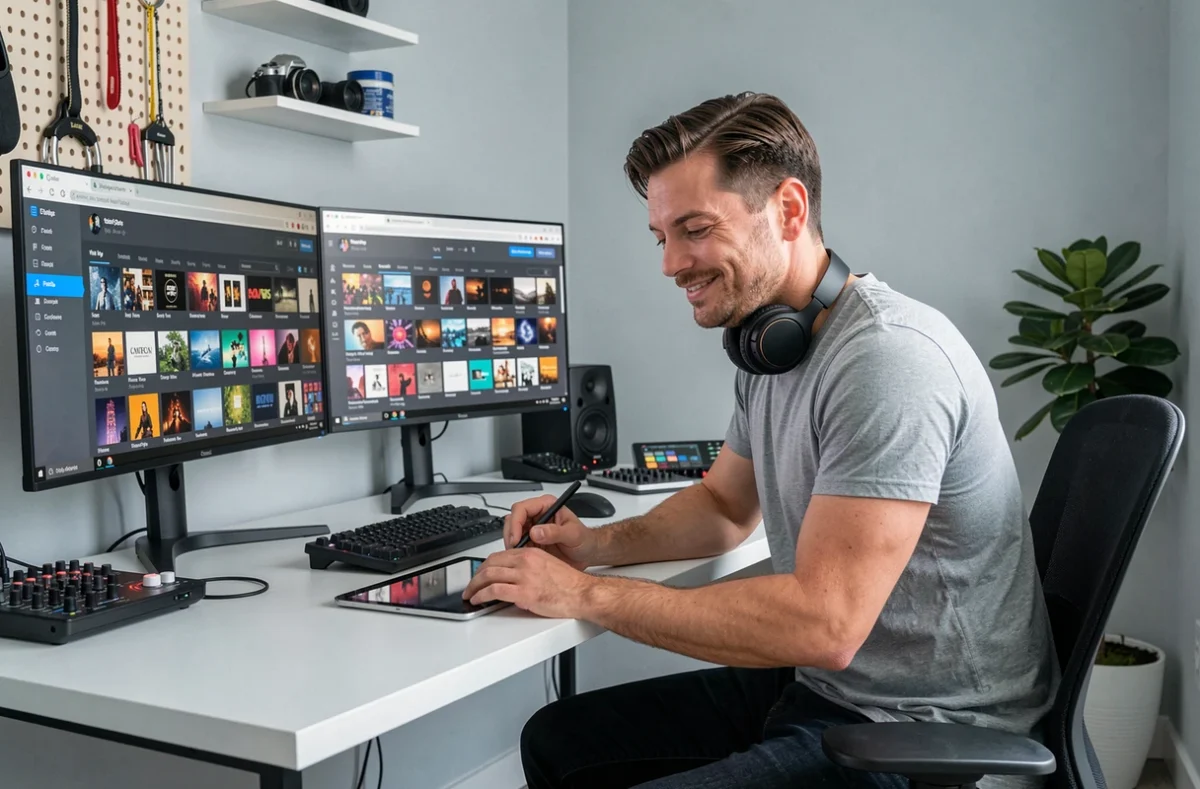 Homme organisant une playlist musicale gratuite sur un bureau minimaliste avec casque audio et double écran