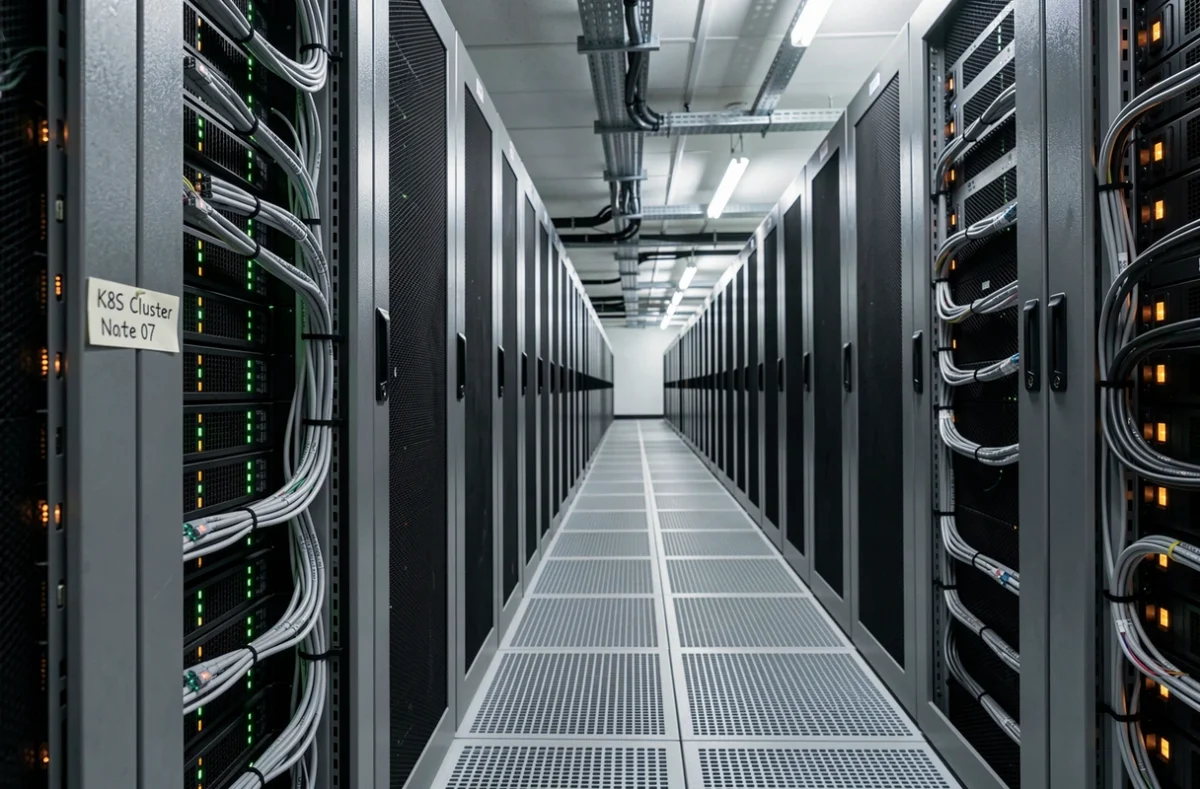 Couloir de salle de serveurs avec des racks étiquetés nœuds de cluster Kubernetes dans un datacenter moderne