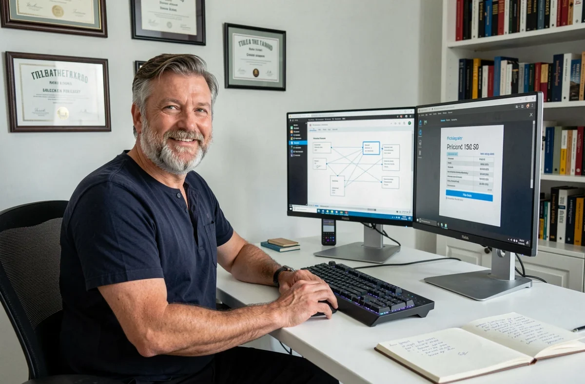 Un designer web freelance présente une proposition tarifaire pour la création d'un site web sur ses écrans de bureau à domicile