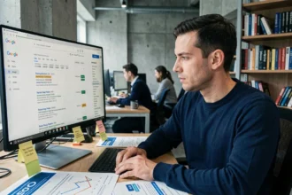 Développeur web analysant l'algorithme SEO de Google sur un grand écran d'ordinateur dans un bureau moderne