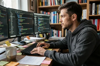 Développeur concentré face à des écrans de code complexe dans un bureau à domicile encombré