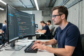 Développeur web concentré devant un écran affichant du code SQL dans un bureau tech moderne