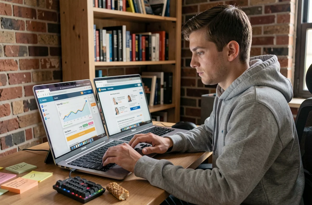 Développeur freelance comparant les options et les coûts de référencement naturel sur son ordinateur portable à domicile