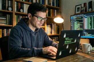 Développeur Linux concentré devant un terminal de code sur un ordinateur portable dans un bureau à domicile