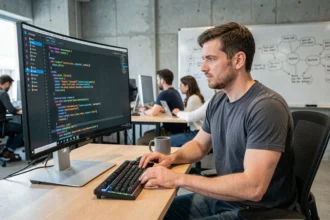Développeur logiciel travaillant sur du code open source affiché sur un grand écran dans un bureau moderne, illustrant la classe 10 des logiciels libres