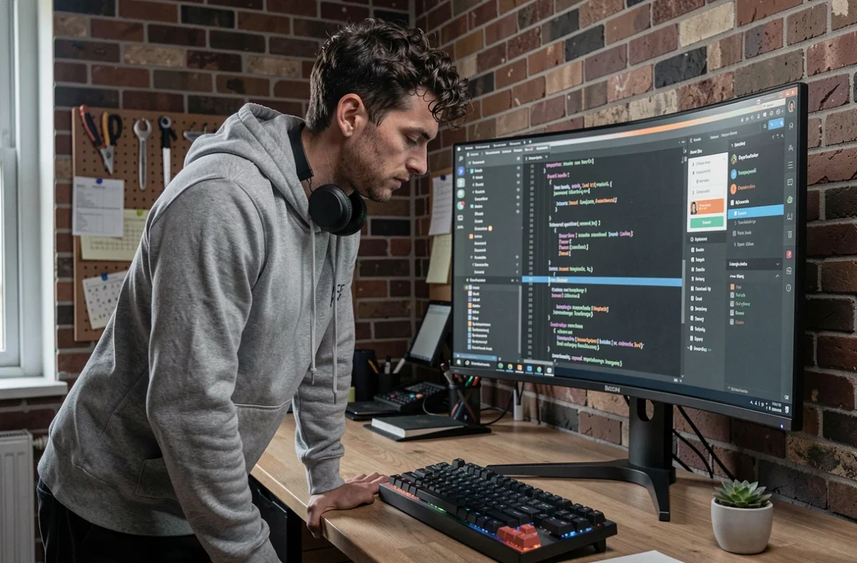 Développeur utilisant plusieurs logiciels d'application sur un bureau debout dans un home office créatif