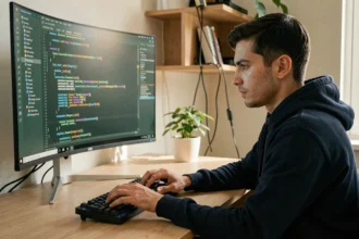 Développeur masculin cherchant une clé API sur son ordinateur avec du code affiché à l'écran