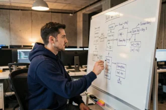 Développeur analysant un schéma de base de données relationnelle sur un tableau blanc dans un bureau tech moderne