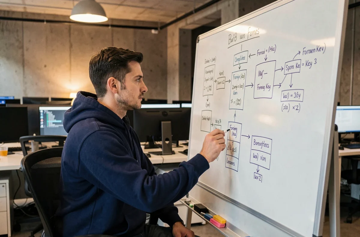 Développeur analysant un schéma de base de données relationnelle sur un tableau blanc dans un bureau tech moderne