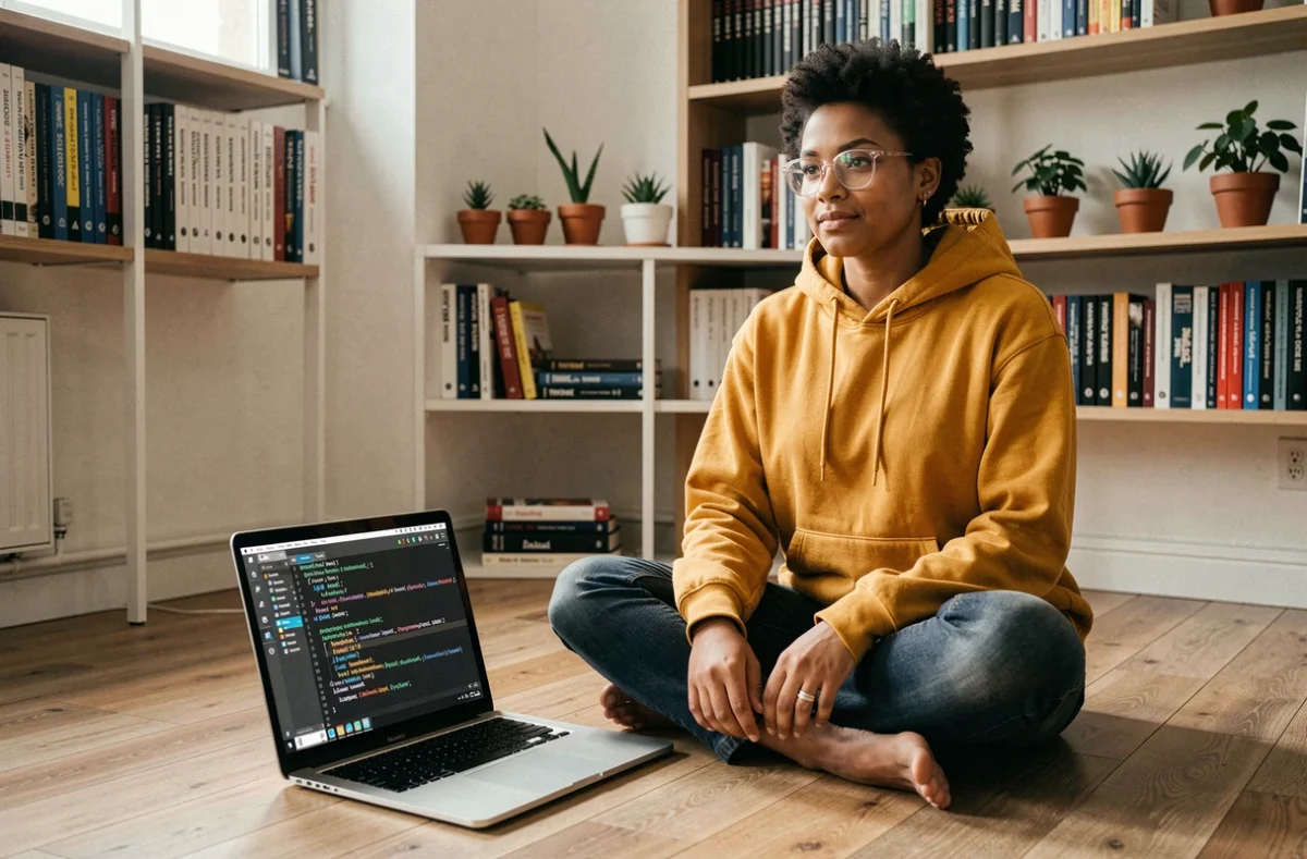 Développeuse consultant une documentation de licence de logiciel libre sur un ordinateur portable dans un bureau à domicile minimaliste, en lien avec la classe 10 des logiciels libres