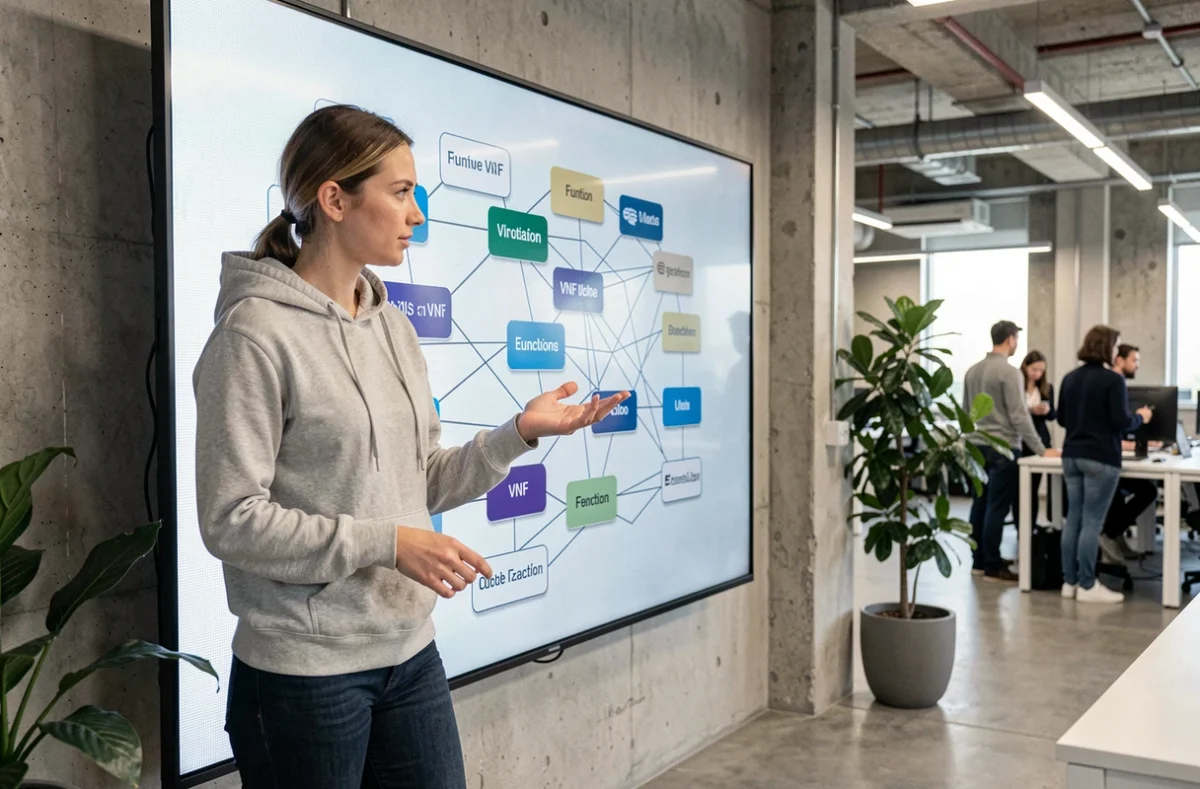 Développeuse expliquant un diagramme de virtualisation des fonctions réseau VNF sur un écran interactif