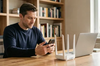 Homme comparant un routeur Wi-Fi et un smartphone dans un bureau à domicile, illustrant la différence entre internet et le Wi-Fi