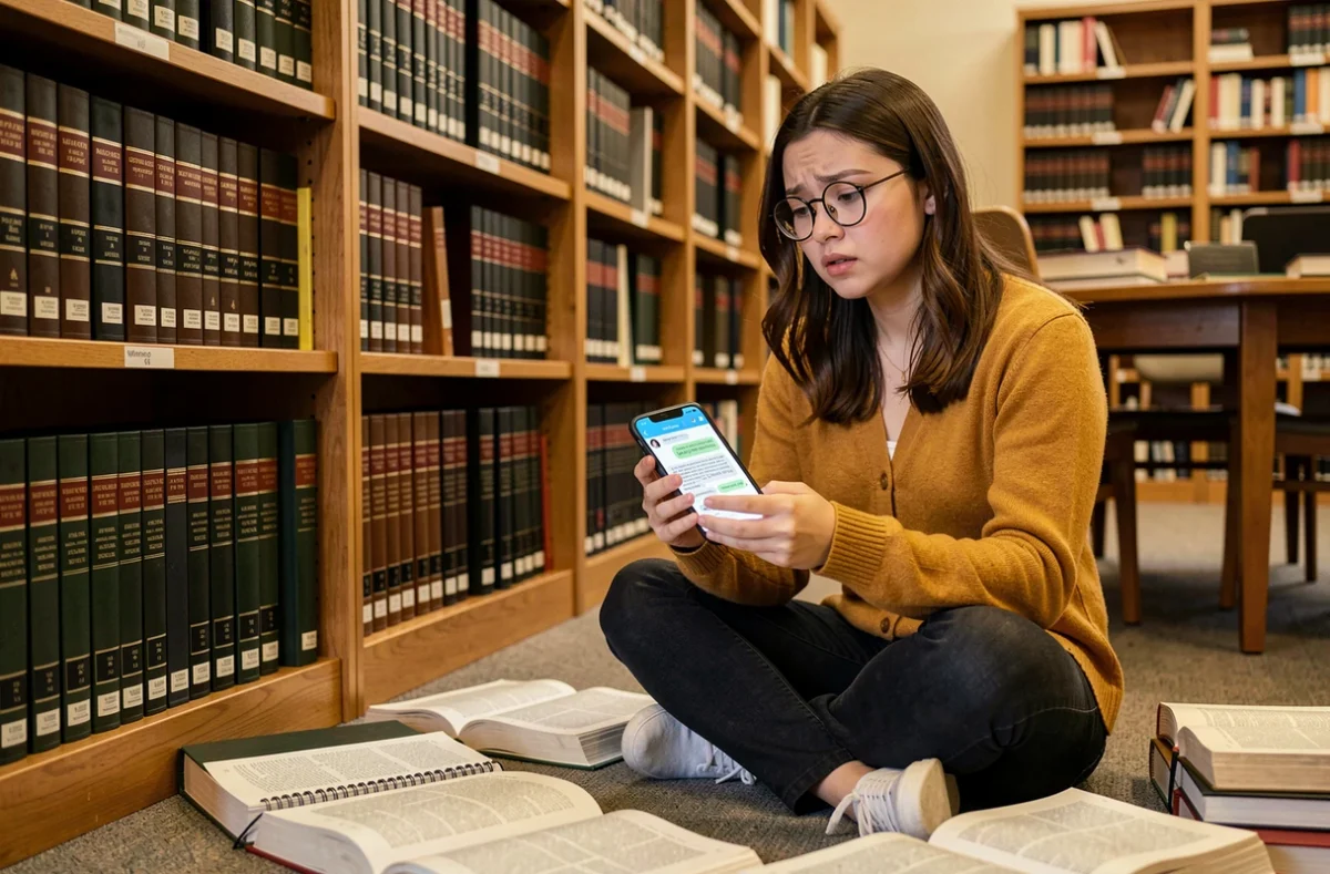 Une jeune femme consultant ChatGPT sur son téléphone entourée de livres juridiques sur le droit d'auteur dans une bibliothèque