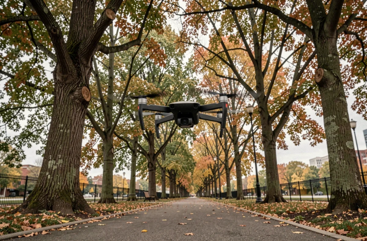Drone en vol stable dans un parc urbain illustrant les critères de qualité et de stabilité d'un bon drone