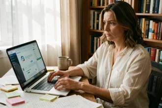 Une écrivaine utilisant ChatGPT sur son ordinateur portable pour rédiger un livre dans son bureau à domicile
