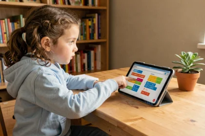 Jeune fille de 8 ans apprenant à coder sur une tablette avec des exercices de programmation par blocs colorés