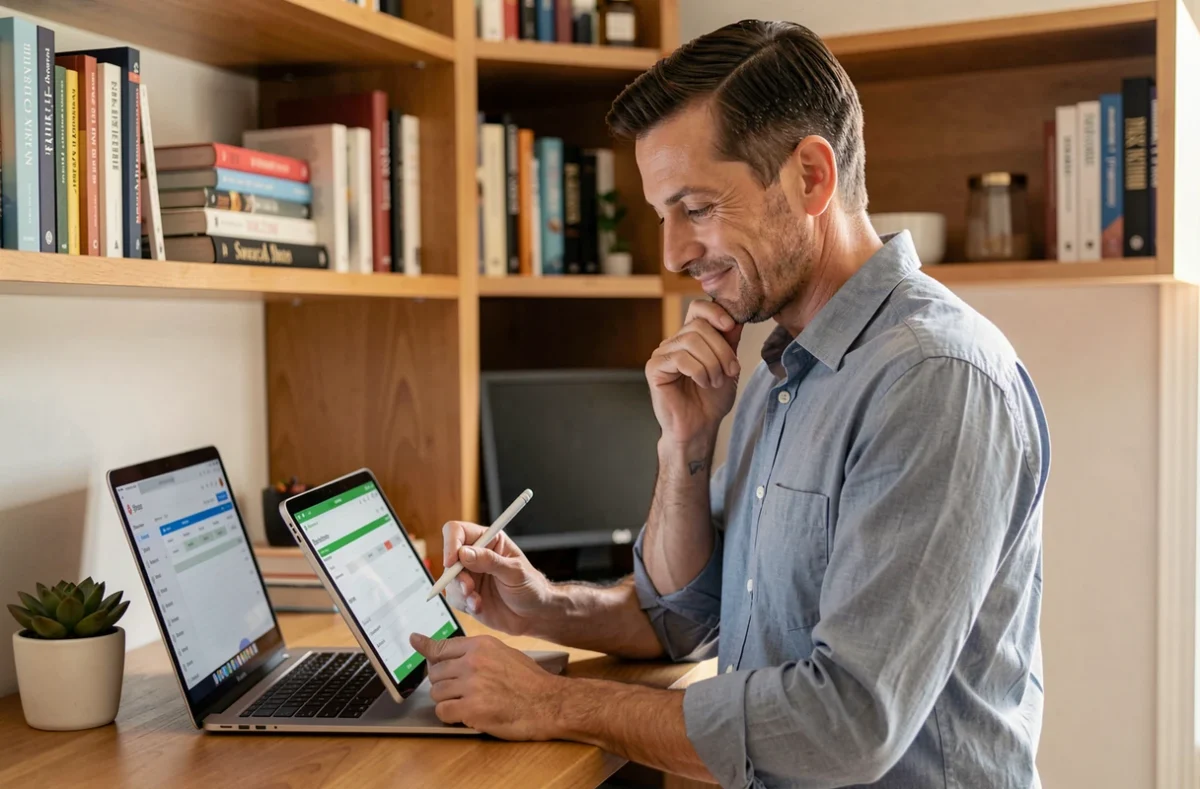 Entrepreneur travaillant sur une application CRM depuis son bureau à domicile avec une tablette numérique