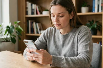Femme envoyant un message à plusieurs contacts sur son smartphone depuis un bureau à domicile