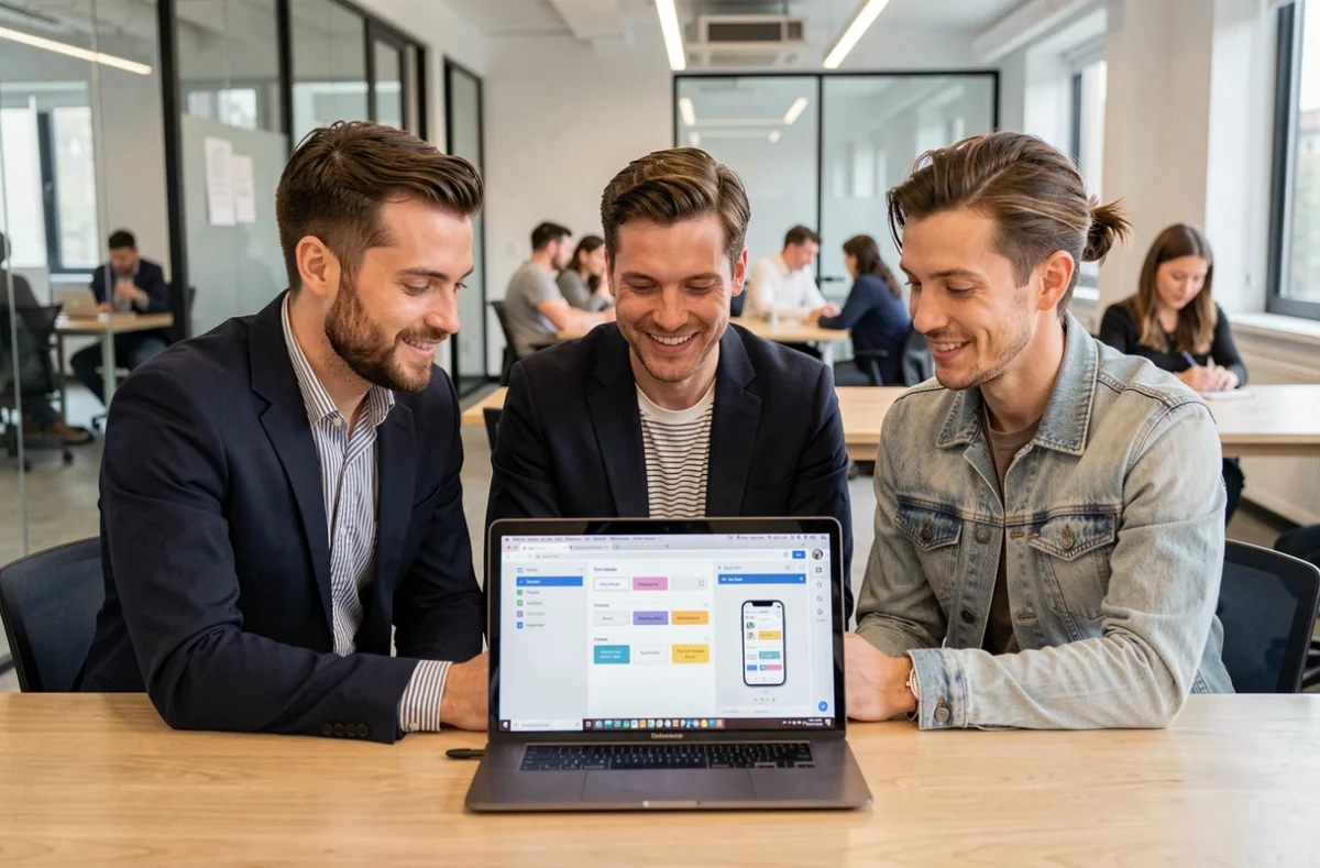 Groupe de collègues collaborant autour d'un constructeur d'application no code dans un espace de coworking