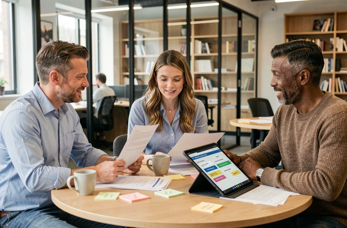 Équipe de professionnels discutant de la conformité aux licences de logiciels libres de classe 10 autour d'une table dans un espace de coworking