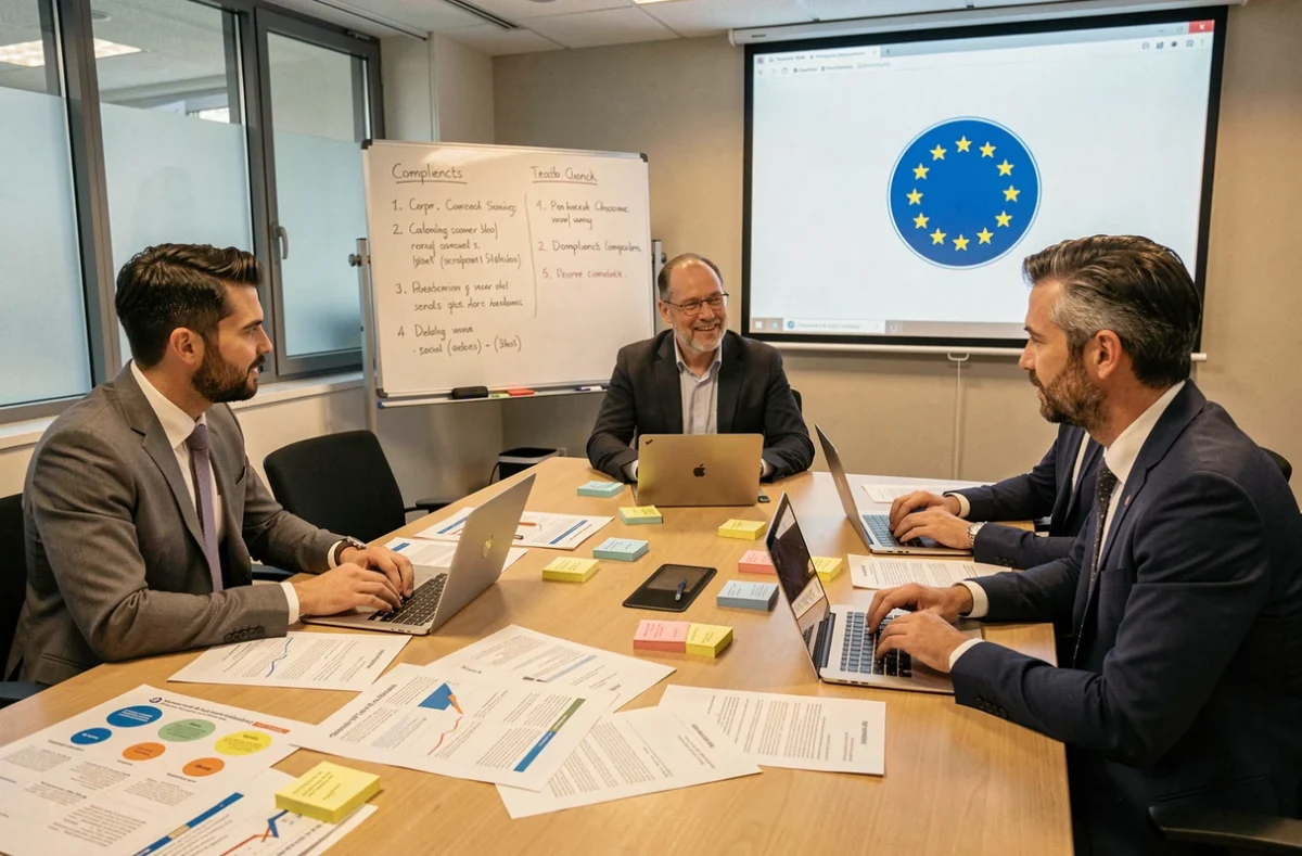 Équipe de juristes analysant les obligations de conformité et les exigences de sécurité spécifiques à l'Union européenne lors d'une réunion professionnelle