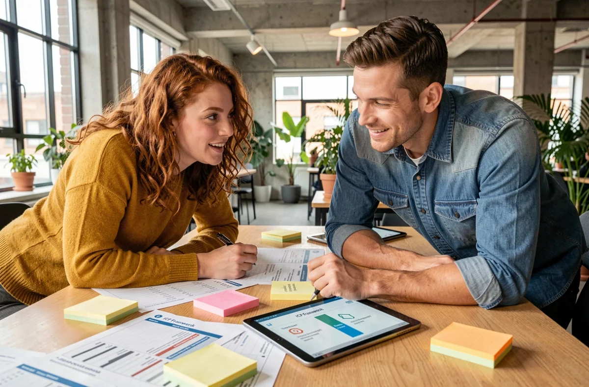 Deux professionnels du marketing collaborant sur un cadre ICP avec des données clients et un tableau de segmentation sur tablette