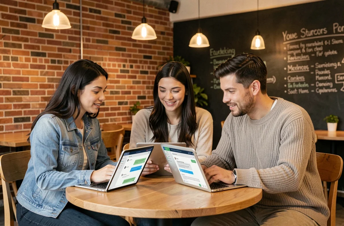 Équipe marketing collaborative utilisant des outils d'intelligence artificielle sur tablettes et ordinateurs dans un coworking