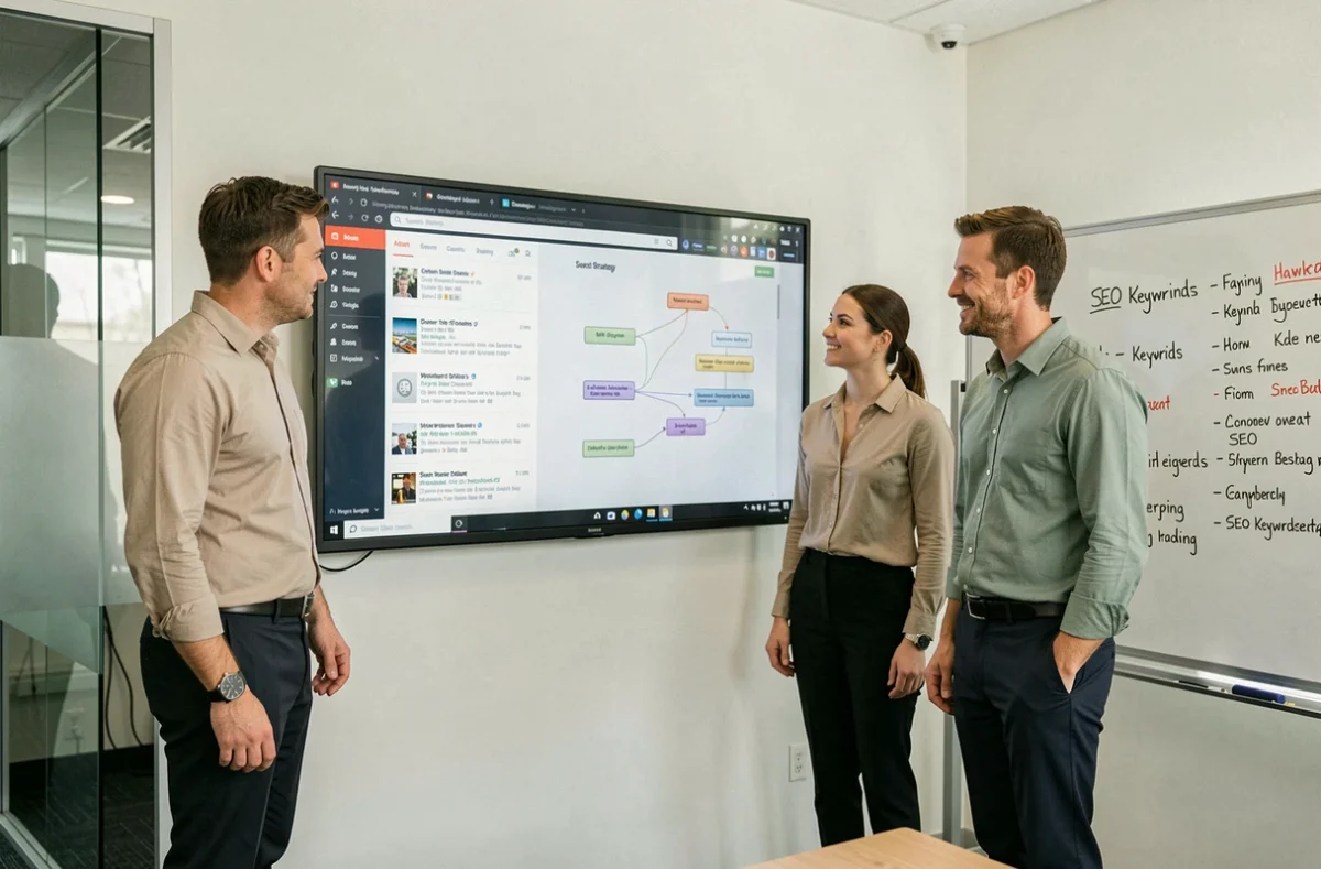 Équipe marketing collaborant sur une stratégie SEO devant un écran affichant des résultats de recherche et un plan de contenu