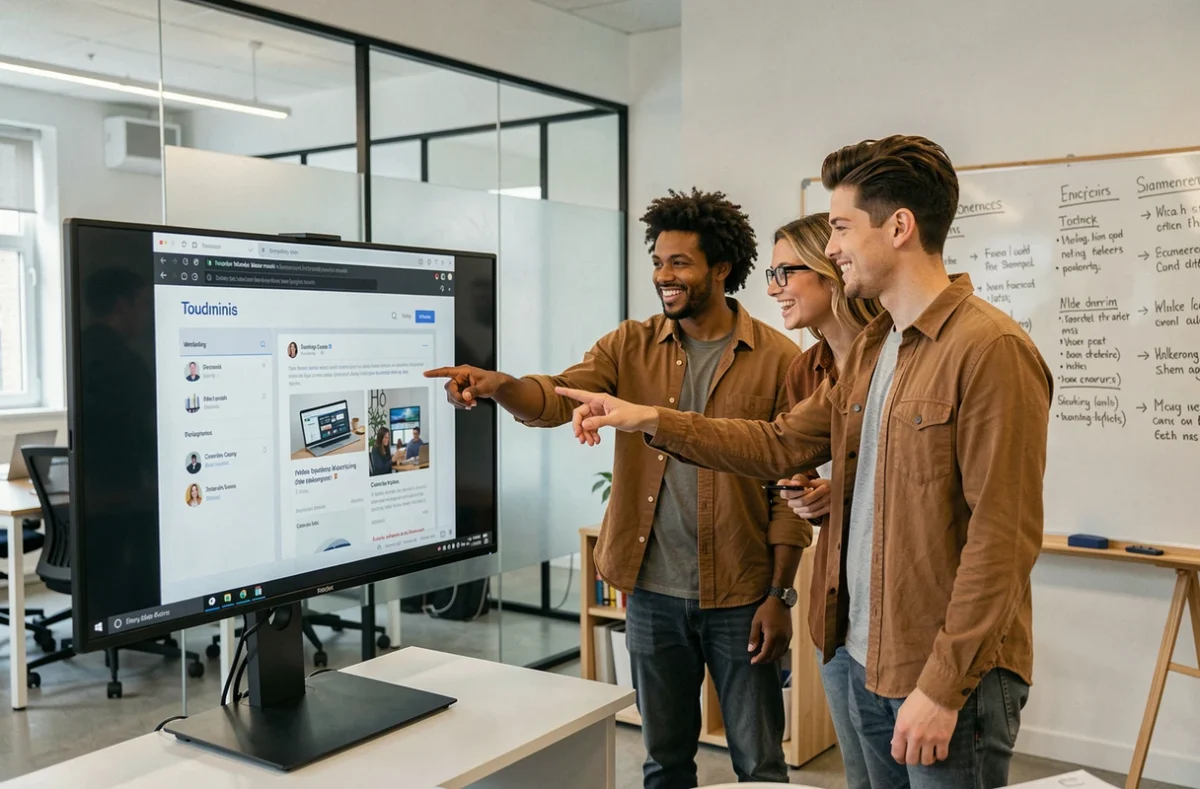 Équipe créative discutant des éléments visuels d'une campagne email dans un espace de travail collaboratif
