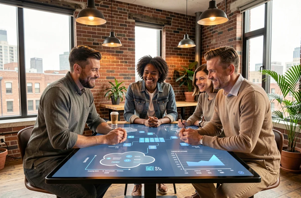 Équipe de professionnels en réunion autour d'un écran tactile affichant la migration et la croissance des services cloud pour les entreprises