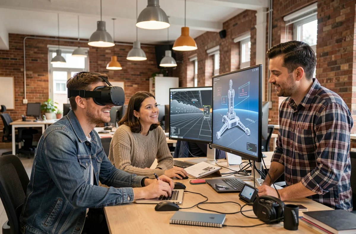 Équipe de collègues explorant une application de réalité virtuelle en entreprise, collaboration autour d'un environnement 3D immersif