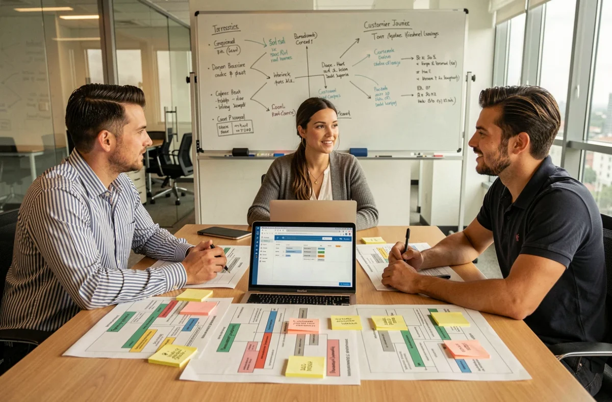 Équipe de professionnels discutant de la stratégie CRM autour d'une table de conférence avec des cartes de parcours client