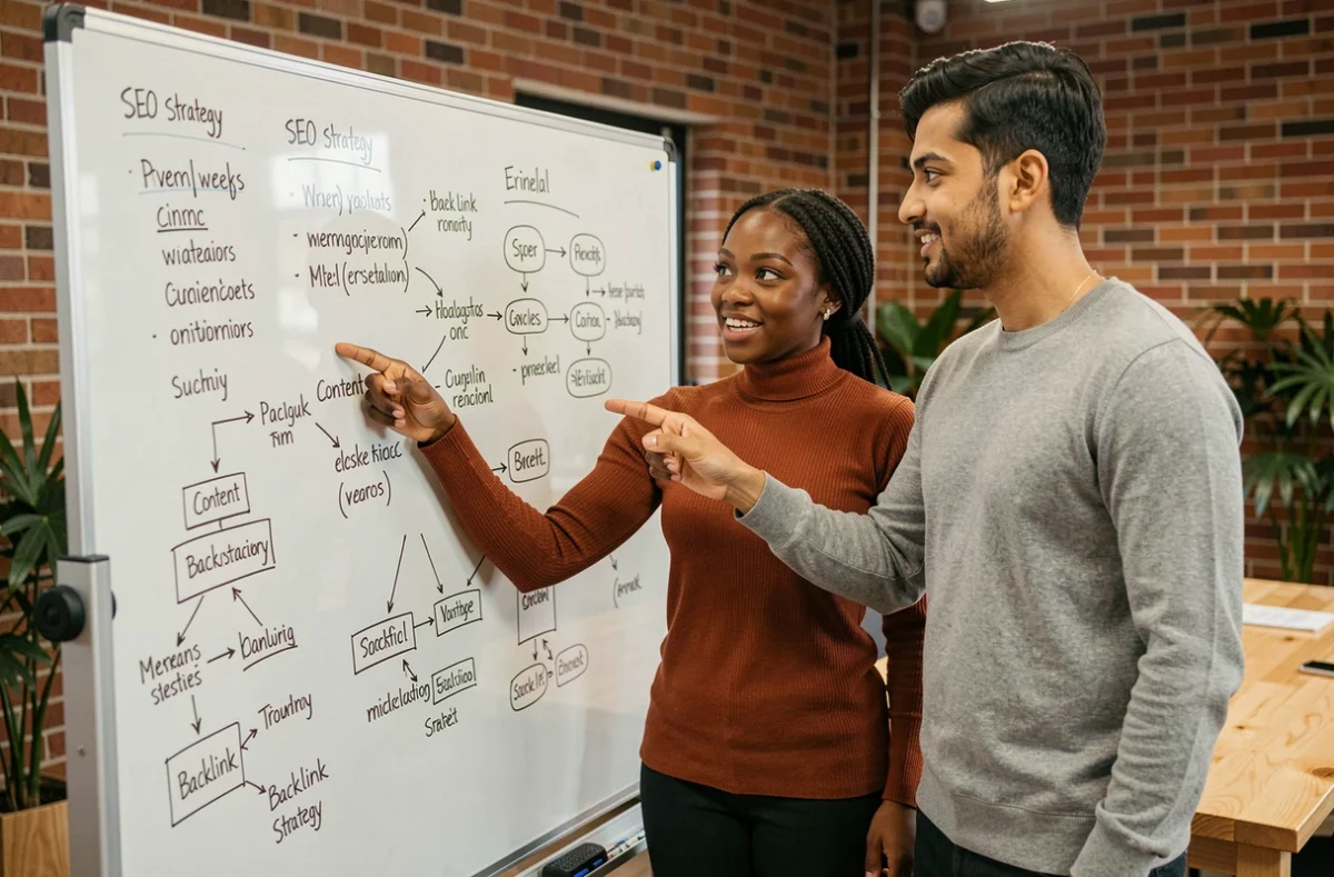 Deux professionnels du SEO collaborant devant un tableau blanc avec une stratégie de référencement dans une agence créative