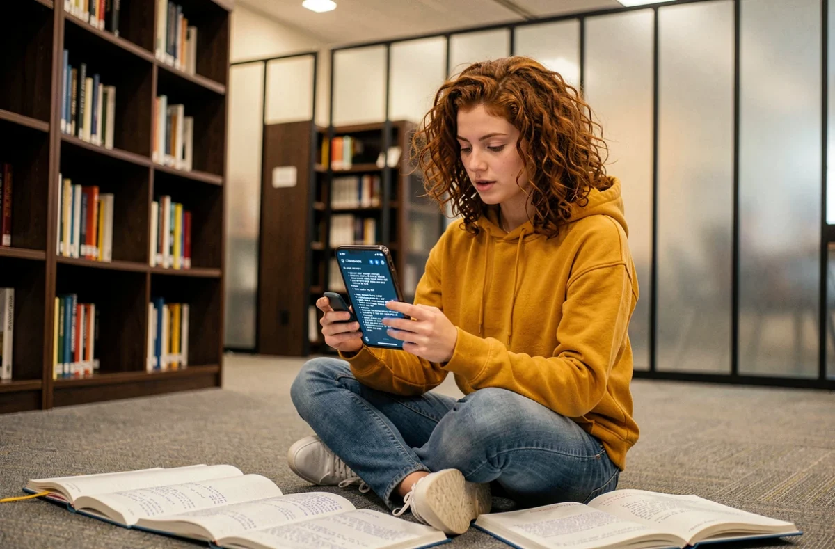 Étudiante consultant un résumé généré par IA sur son téléphone en bibliothèque