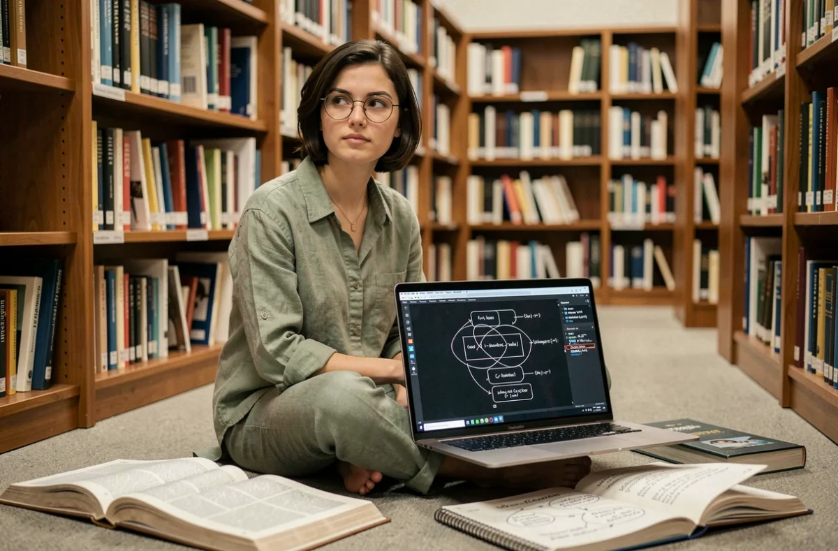 Étudiante en informatique étudiant des structures de données complexes entourée de manuels de programmation dans une bibliothèque universitaire