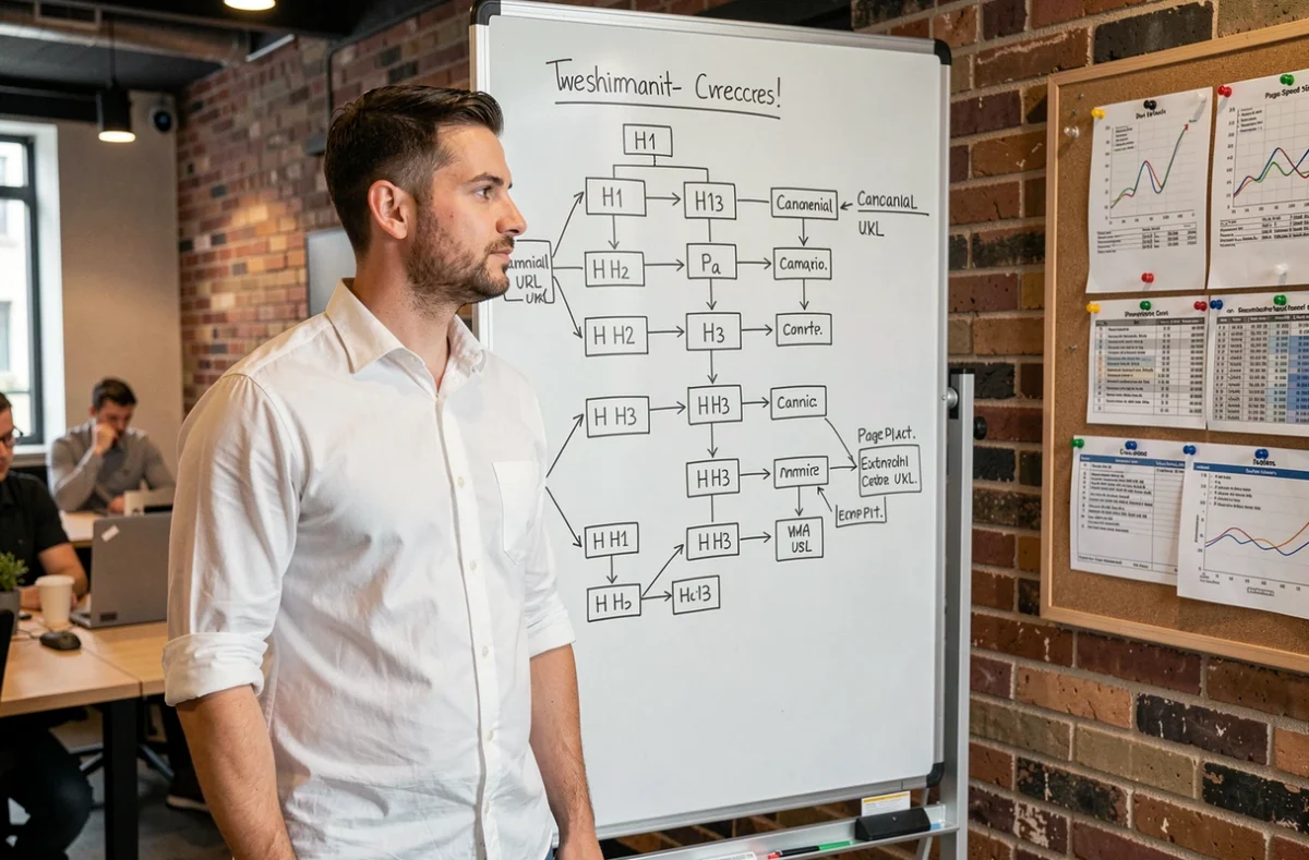 Expert SEO debout devant un tableau blanc avec des schémas de structure de site et d'hiérarchie de balises HTML pour un audit on-page