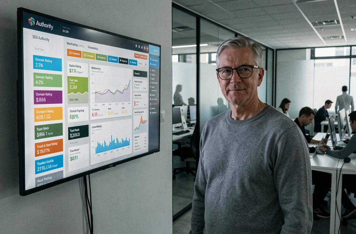 Un expert SEO debout devant un grand écran affichant un tableau de bord d'autorité de domaine avec scores de backlinks et métriques de confiance