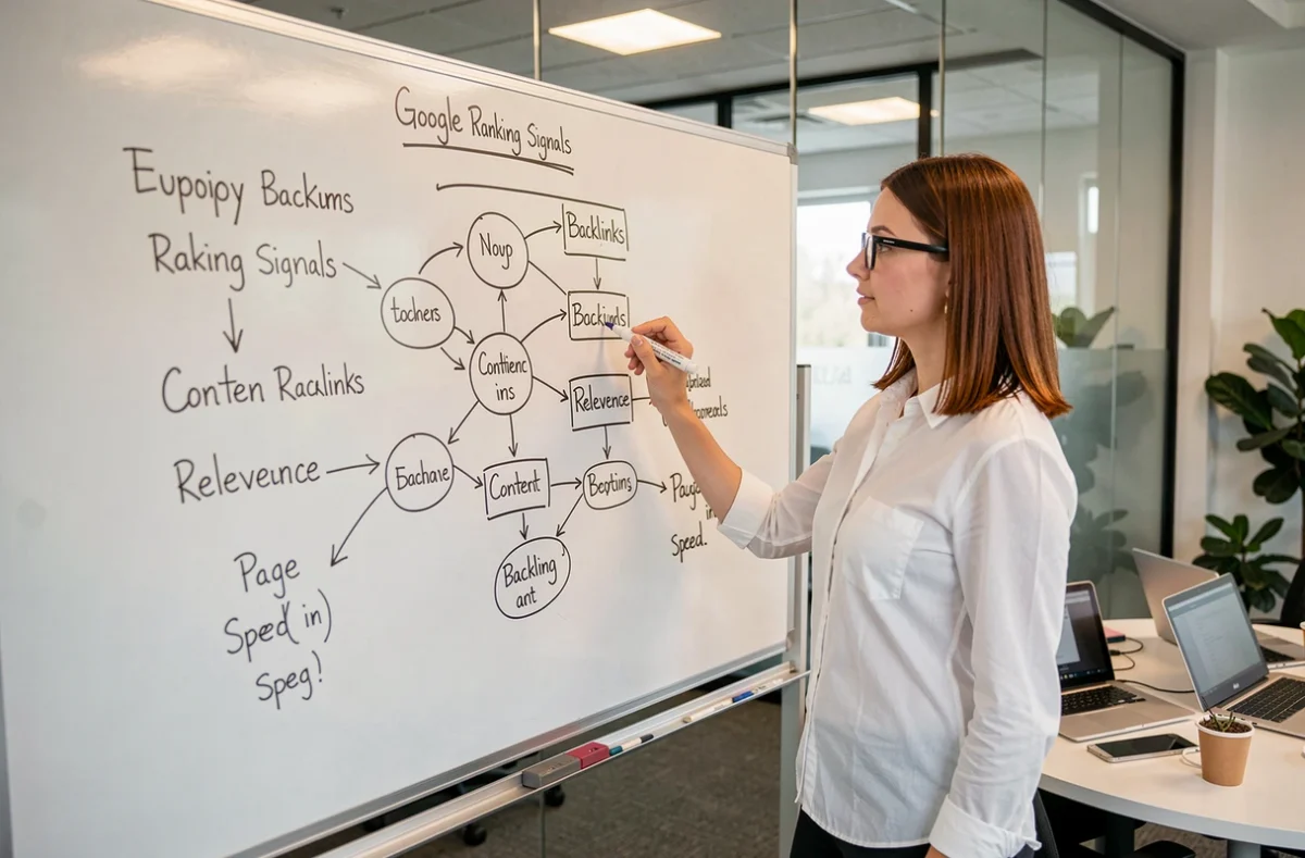 Experte SEO expliquant les facteurs de classement de l'algorithme Google sur un tableau blanc dans une salle de réunion