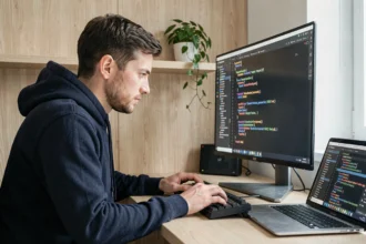 Développeur web analysant le code source HTML d'un site web sur un écran ultrawide dans un bureau moderne