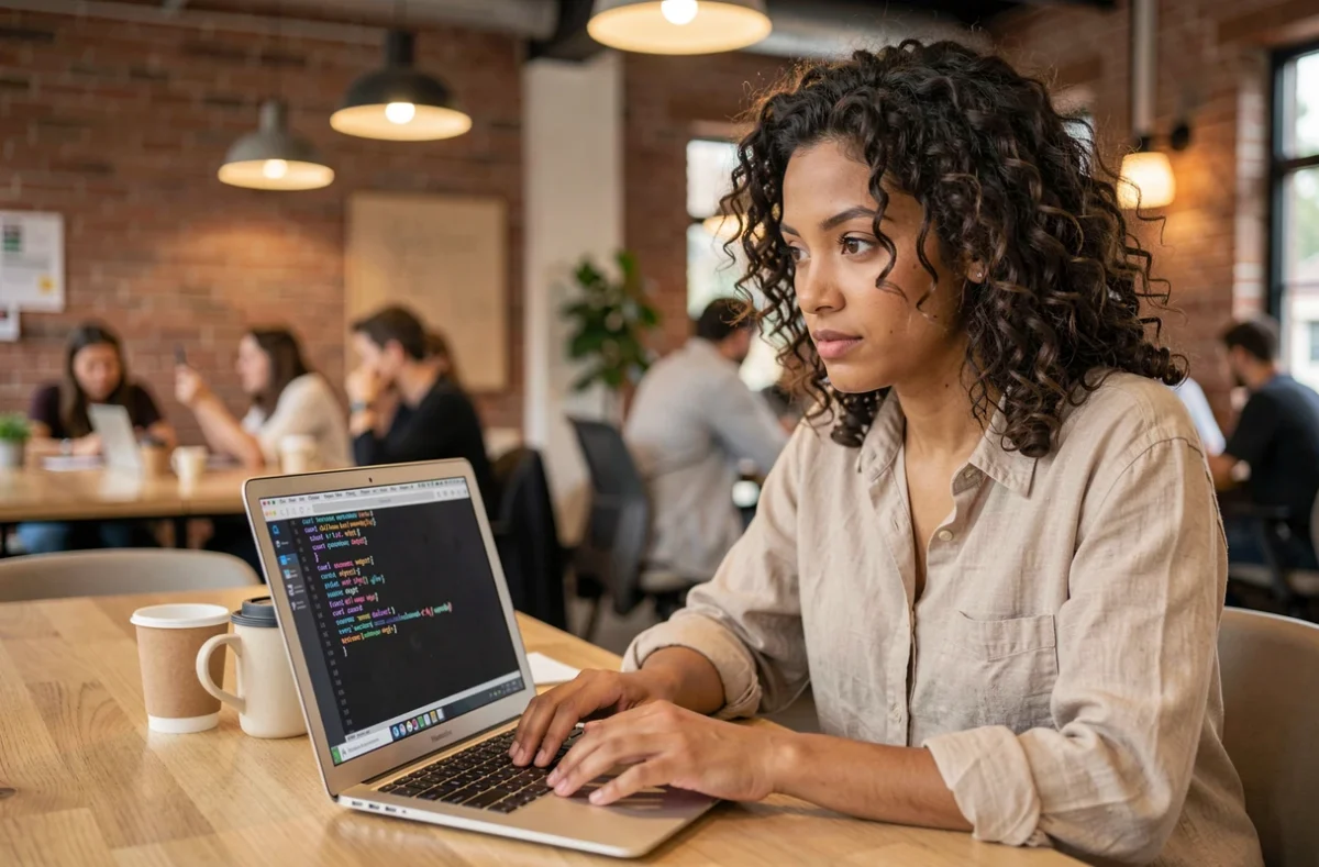 Femme développeuse utilisant un terminal pour extraire le code source d'un site web dans un espace de coworking
