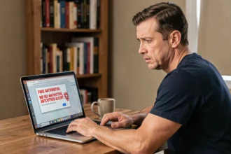 Homme inquiet lisant une fausse alerte antivirus McAfee sur son ordinateur portable à domicile