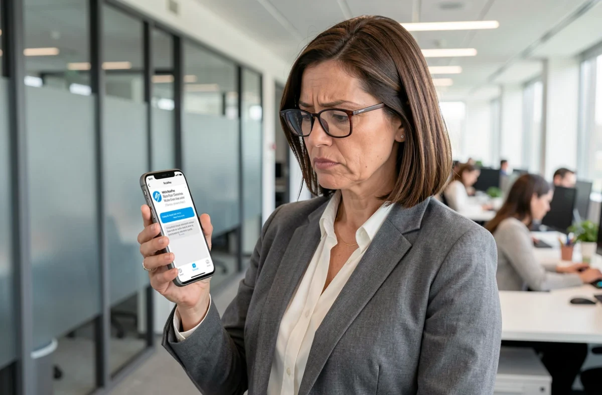 Femme d'affaires analysant une fausse notification McAfee sur smartphone au bureau