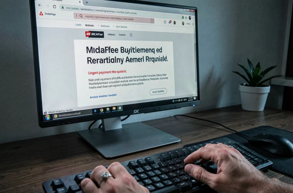Écran d'ordinateur affichant un faux email de renouvellement McAfee avec des signaux d'arnaque visibles