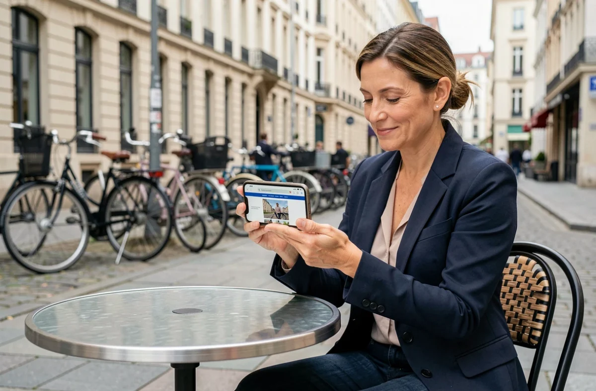 Femme d'affaires prévisualisant son site web sur smartphone en terrasse urbaine
