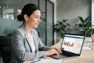 Femme professionnelle analysant un tableau de bord de campagne SEA sur un ordinateur portable dans un bureau moderne