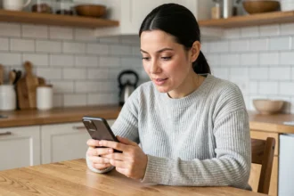 Femme utilisant un assistant IA sur son smartphone dans une cuisine moderne