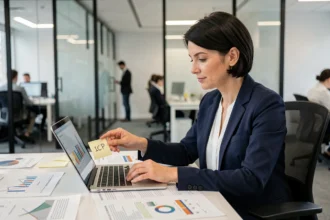 Femme professionnelle en bureau analysant des indicateurs clés de performance ICP sur des graphiques imprimés et un ordinateur portable